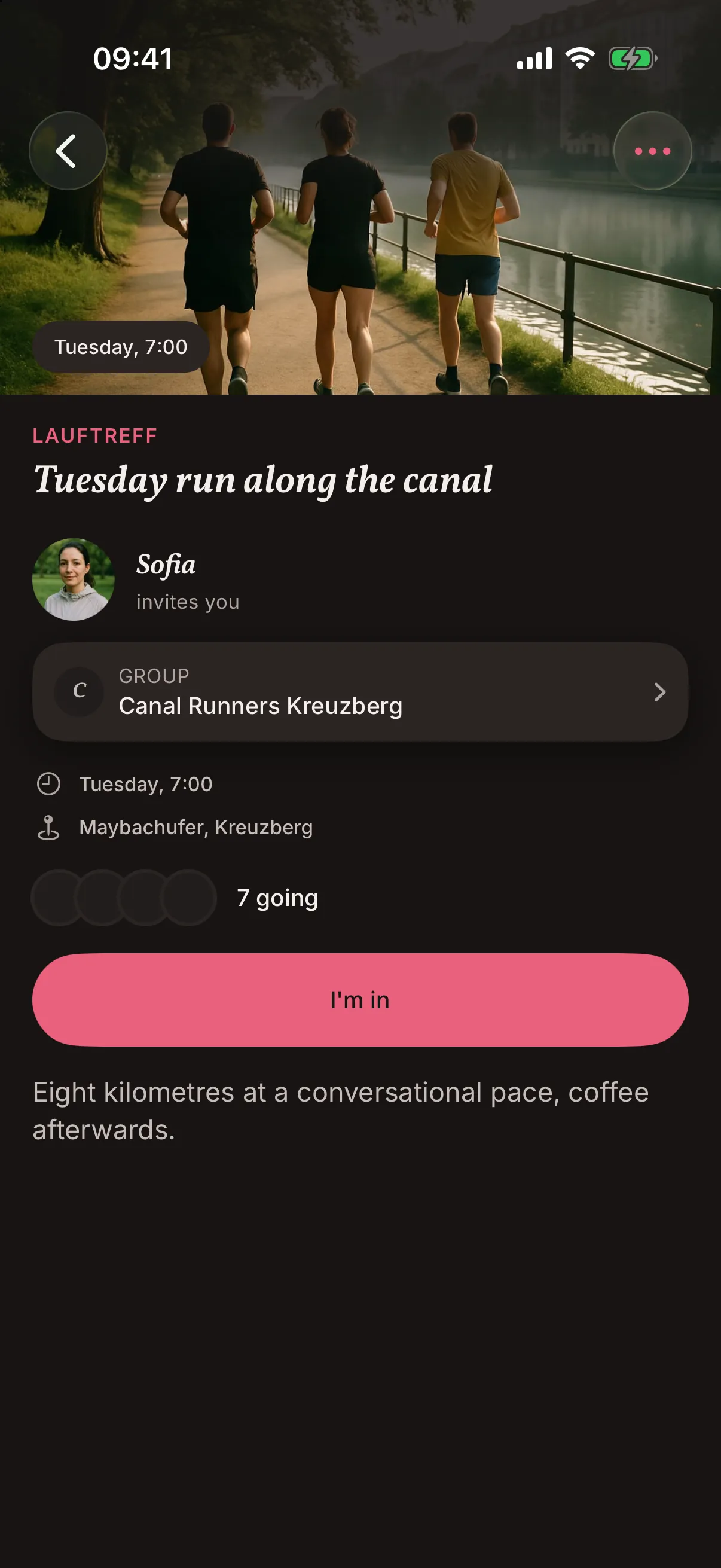 An event in the snakken app: Tuesday run along the canal at the Maybachufer, seven people going, with an "I'm in" button.