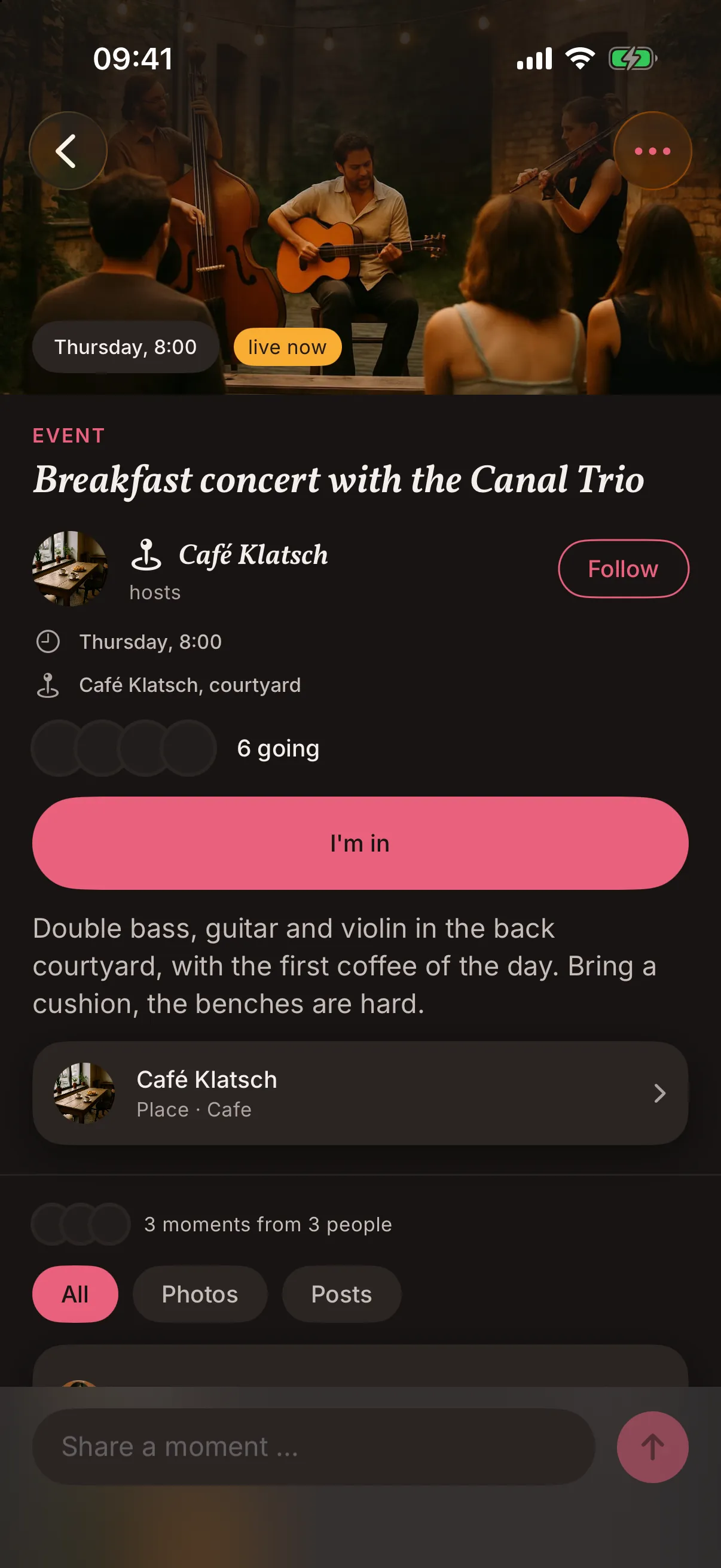 An event at a place in the snakken app: a breakfast concert at Café Klatsch, six people going, a button to say I'm in and the thread under it with a few short posts and a photo.
