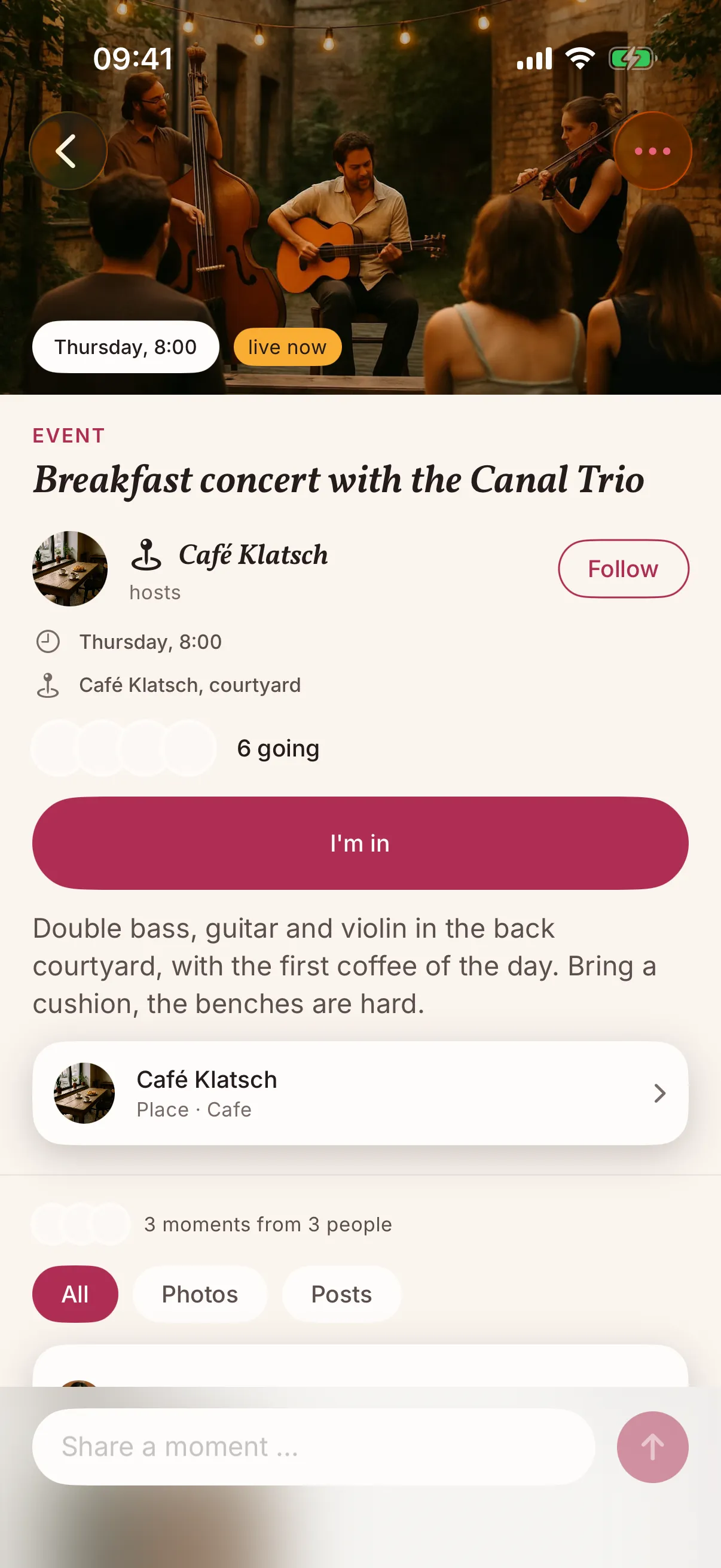 An event at a place in the snakken app: a breakfast concert at Café Klatsch, six people going, a button to say I'm in and the thread under it with a few short posts and a photo.