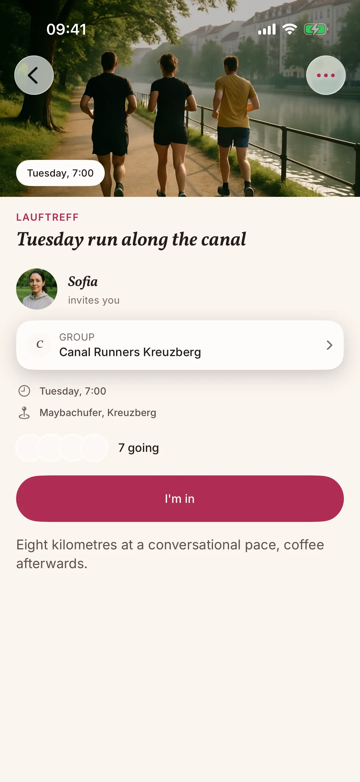 An event in the snakken app: Tuesday run along the canal at the Maybachufer, seven people going, with an "I'm in" button.