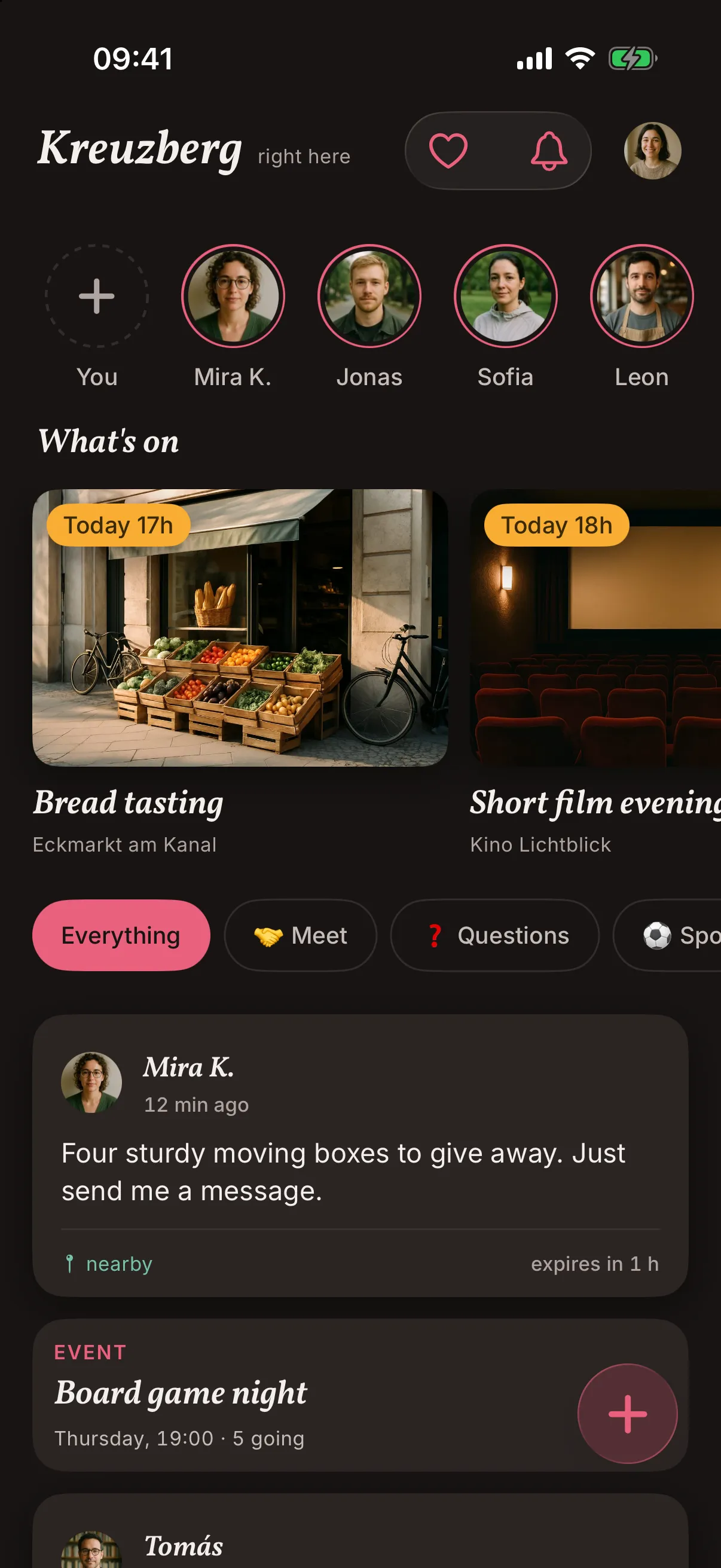 The snakken feed for Kreuzberg: neighbours with a story ring at the top, a shelf of what is on with a bread tasting and a short film evening today, topic filters, and a neighbour offering moving boxes.