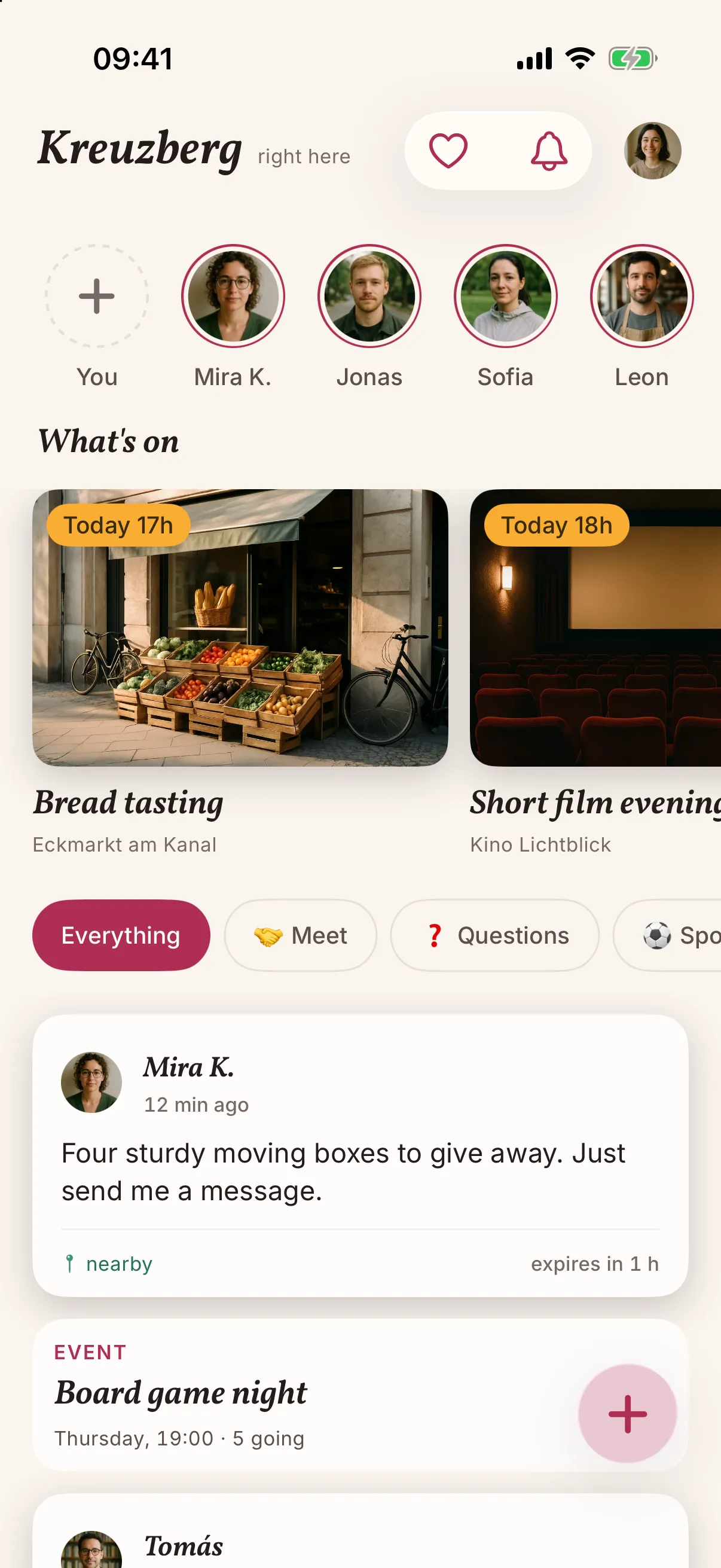 The snakken feed for Kreuzberg: neighbours with a story ring at the top, a shelf of what is on with a bread tasting and a short film evening today, topic filters, and a neighbour offering moving boxes.