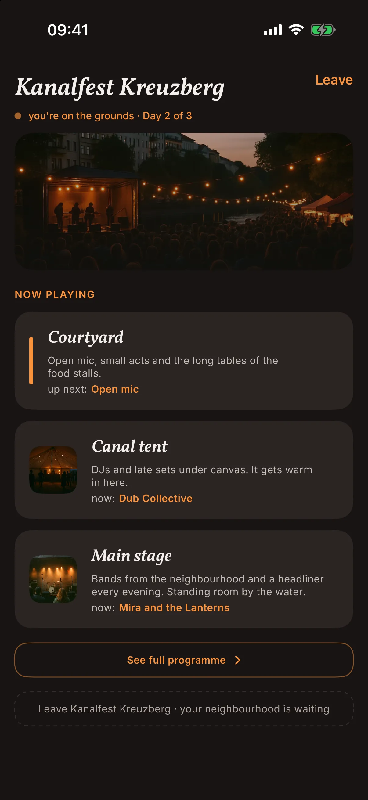 A festival in Festival mode in the snakken app: Kanalfest Kreuzberg in the festival's own orange, day 2 of 3, three stages with what is playing now and what is next, and a button for the full programme.
