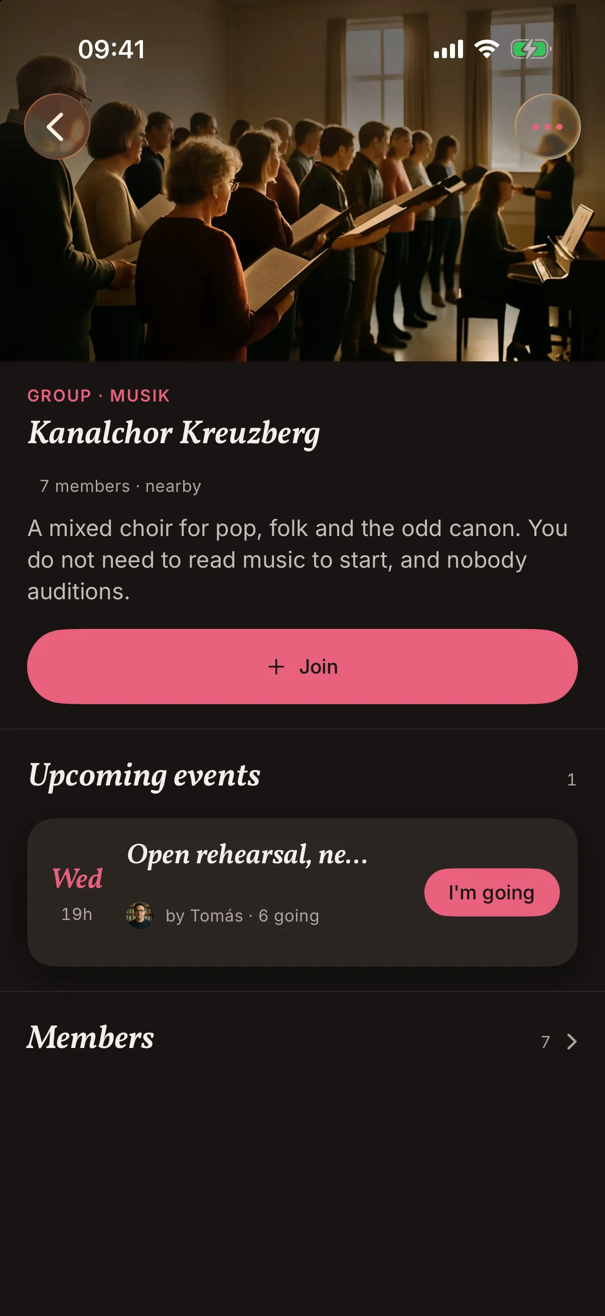 A group in the snakken app: Kanalchor Kreuzberg with a photo of a choir rehearsing, seven members, one upcoming open rehearsal and a button to join.
