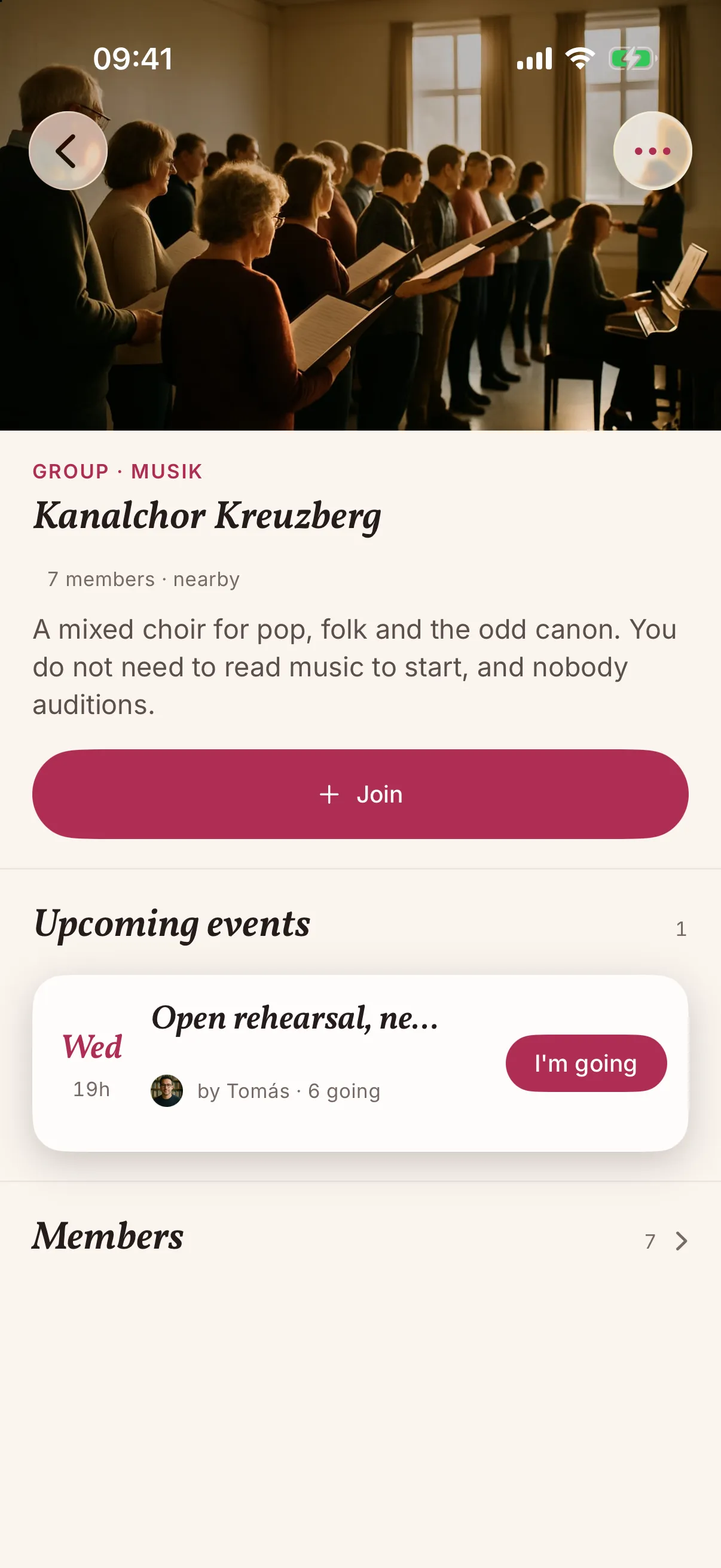 A group in the snakken app: Kanalchor Kreuzberg with a photo of a choir rehearsing, seven members, one upcoming open rehearsal and a button to join.