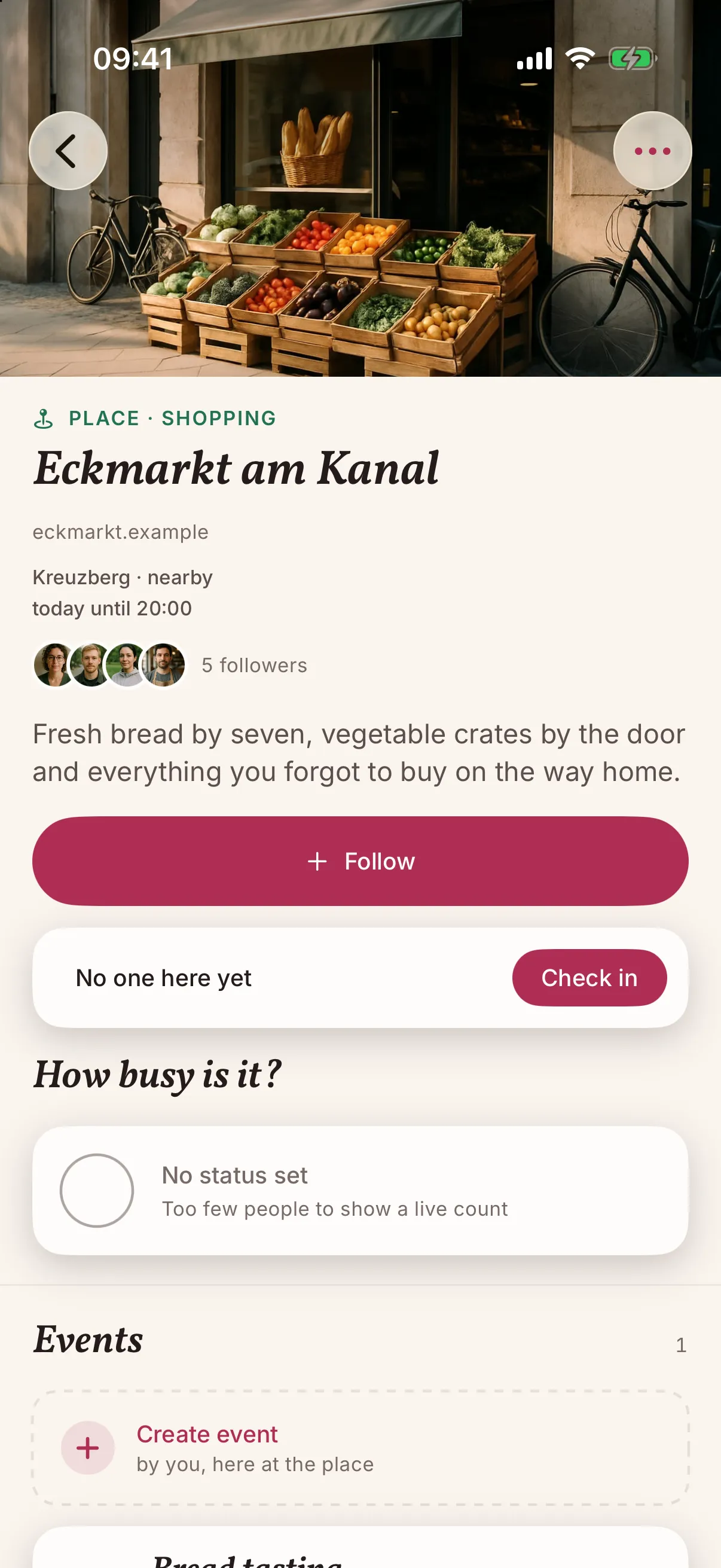 A shop in the snakken app: Eckmarkt am Kanal with a photo of its front, open until 20:00, five followers and a button to follow it.