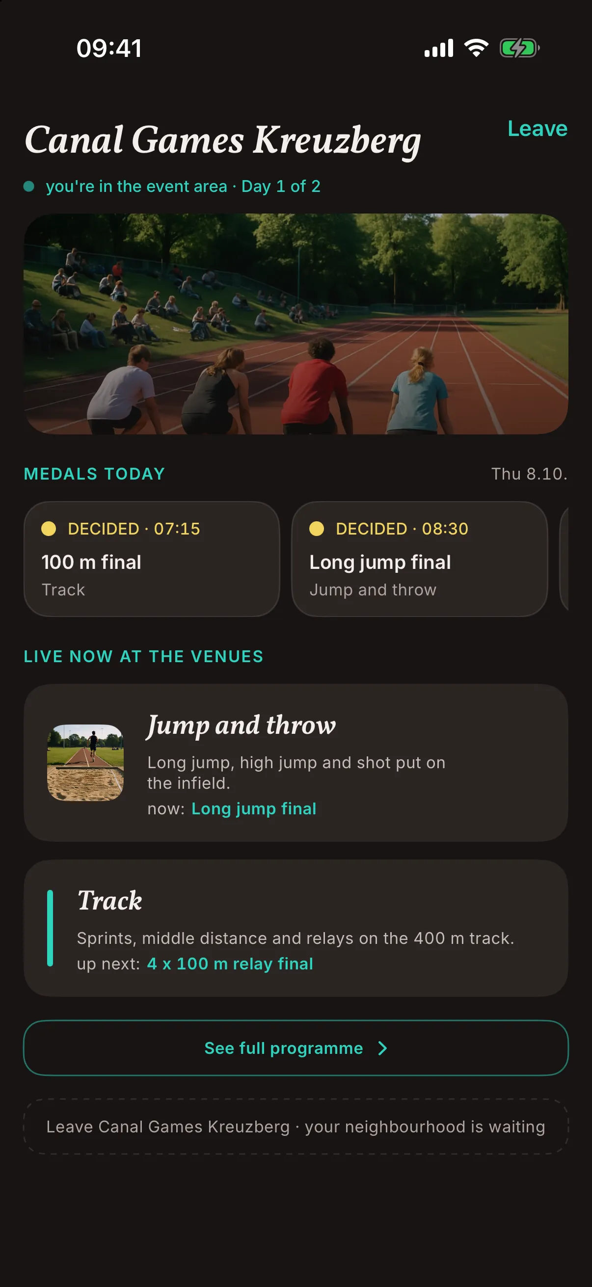 A sports event in Festival mode in the snakken app: Canal Games Kreuzberg in the event's teal colour, day 1 of 2, a strip with the finals decided so far, and the venues with what is on now and next.
