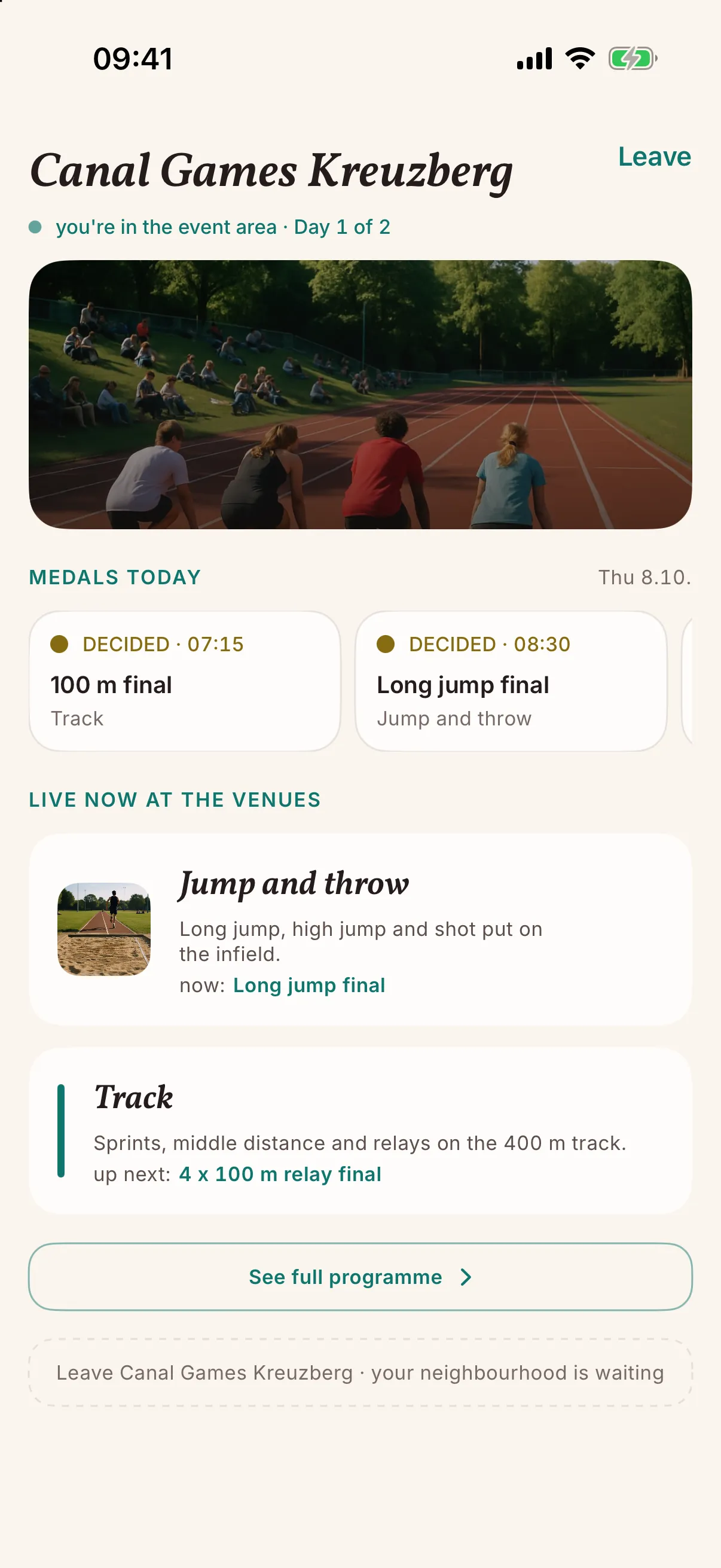 A sports event in Festival mode in the snakken app: Canal Games Kreuzberg in the event's teal colour, day 1 of 2, a strip with the finals decided so far, and the venues with what is on now and next.